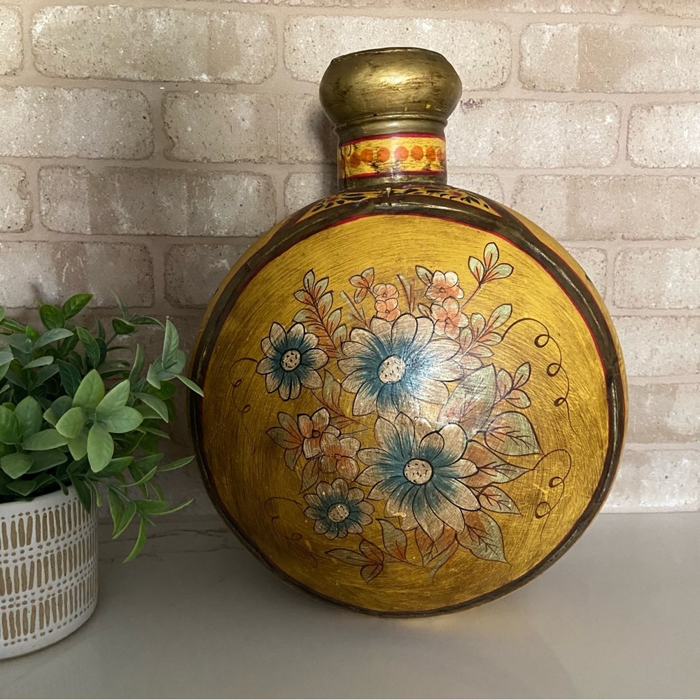 Decorative Painted Tole Ware Metal Urn Vintage Southwestern Floral